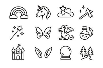 Magical icons: unicorn, rainbow, dragon, castle, fantasy symbols on dark background