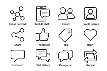 Social media icons set: chat, network, friends, comments, repost, tag, heart, thumbs up