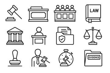 Legal icons set: gavel, court, jury, law book, scales, evidence