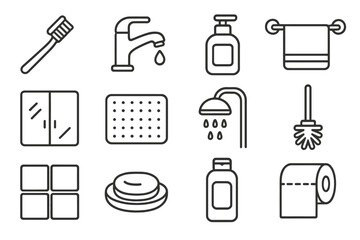 Monochrome bathroom icons: toothbrush, faucet, soap, towel, mirror, shower, mop, tiles, toilet paper