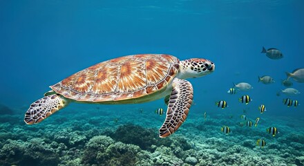 Obraz premium Harmonious Turtle and Fish Swimming in the Vast Sea Beautiful Underwater Encounter