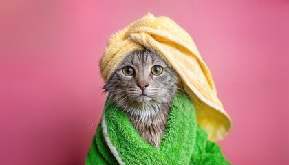 Adorable Gray Tabby Kitten in Green Bathrobe, Grinning Widely After Playful Bath Session, Showcasing Cuddly Soft Fur and Playful Energetic Spirit