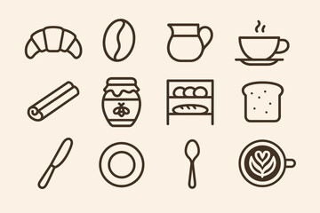 Set of simple breakfast icons including coffee, croissant, jam, and bread