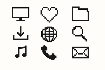 Pixel art icons: computer, heart, folder, download, globe, search, music, phone, email