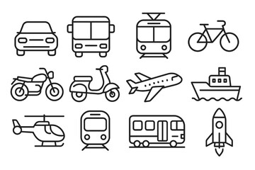 Outline icons of various transportation modes: car, bus, train, and more
