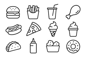 Outline icons of popular fast food items including burger, pizza, and ice cream