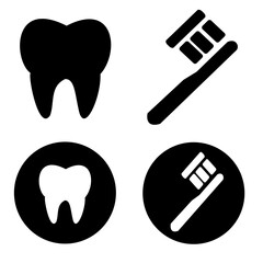 A simple black and white line icon of a toothbrush and tooth. 