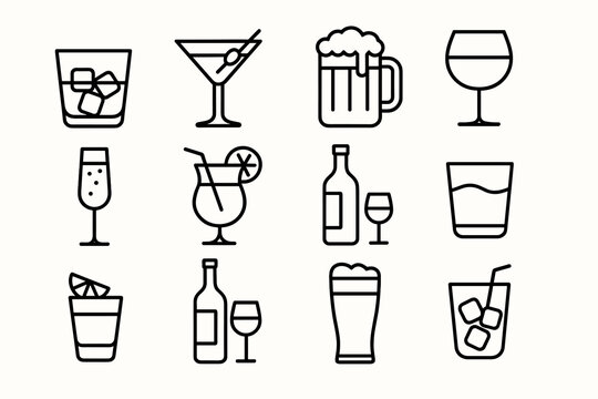Set of various drink icons: cocktails, wine, beer in line art style