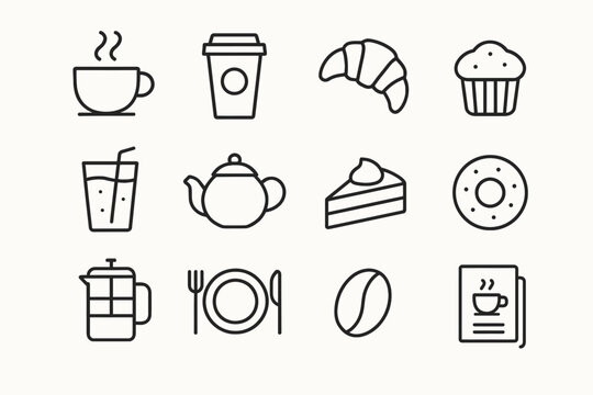 Simple line icons of coffee, tea, pastries, and dining items - Powered by Adobe