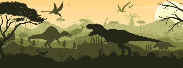 Silhouette Dinosaur Landscape with Trees, Flying Reptiles, and Green Tones