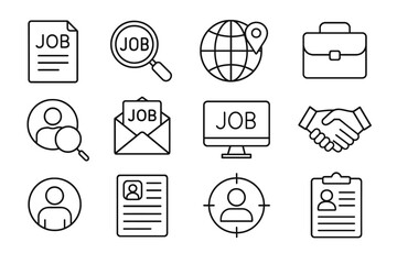 Outline icons for job search and recruitment: magnifying glass, resume, globe, handshake, briefcase
