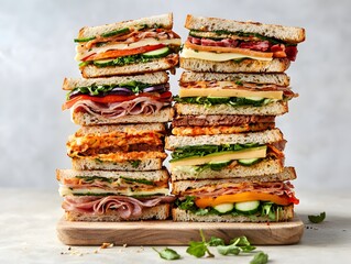 Photo of stacked sandwiches filled with fresh vegetables, cheese, and meat, perfect for a healthy meal