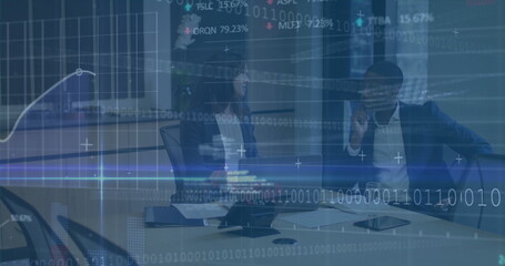 Image of finance data moving against multiracial colleagues discussing in office