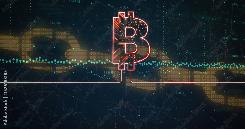 Poster image of bitcoin sign with circuit board over blockchain and data processing
