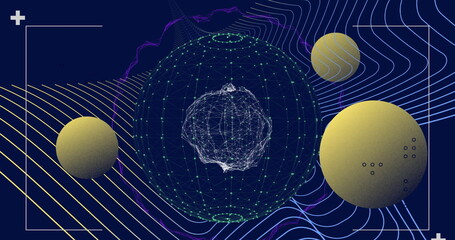 Image of globe spinning and white lines moving on black background