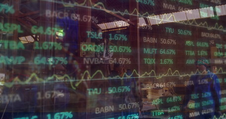 Worker wearing coverall and cap inspecting crates in plant, with stock ticker overlay, copy space