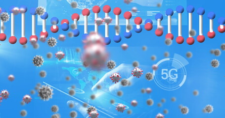 Image of dna strand spinning and molecules on blue background