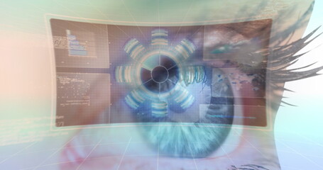 Image of digital screen with data processing over eye of caucasian woman