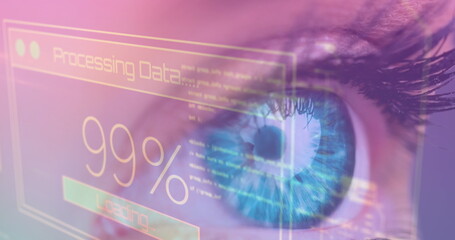Image of digital screen with data processing over eye of caucasian woman