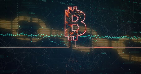 Image of bitcoin sign with circuit board over blockchain and data processing