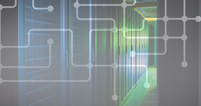 Digital composite of dots interconnecting with lines over server room