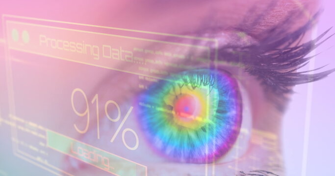 Image of caucasian female blue eye, business data processing on digital interface in foreground