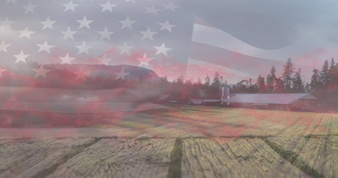 Naklejki Image of flag of american waving over scenic view of house and green landscape against clear sky