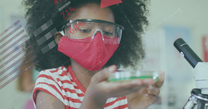 Image of data processing over african girl wearing face mask using smartphone - Powered by Adobe