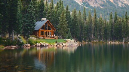 Obraz premium A serene lakeside cabin surrounded by tall pine trees and calm, reflective waters