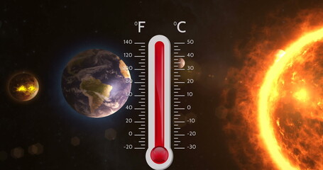 Image of digital thermometer over sun and planets © vectorfusionart