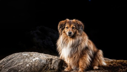 Peaceful Afternoon Cute Fluffy Canine Lounging on a Rustic Rock Amidst the Wild, Sunlight Filtering Through Trees and Casting Long Shadows, Capturing Tranquility in Natures Embrace.
