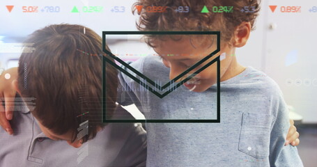 Image of email icon against caucasian kids wrapping arms around each other