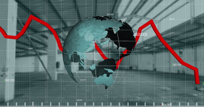Image of globe and financial data processing over warehouse