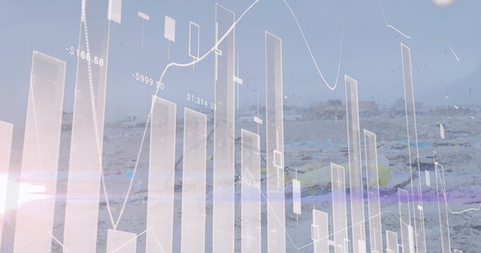 Displaying financial chart overlay on sandy beach with candlestick bars trend line numeric labels