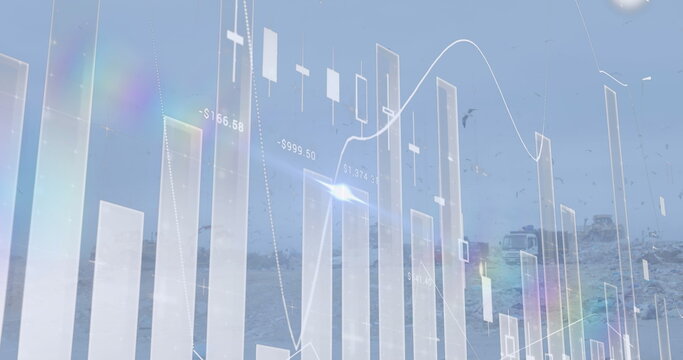 Image of graph and data over timelapse with trucks on waste dump