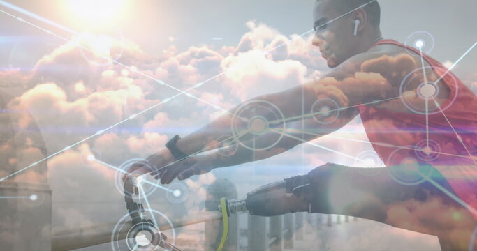 Image of network lines connecting dots, african man with prosthetic leg stretching on pier