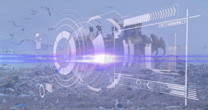 Image of scanning interface screen over birds flying around bulldozer and garbage at landfill - Powered by Adobe