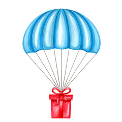 Obraz premium Watercolor illustration of Parachute with Gift Box. Hand drawn sketch for birthday invitation or delivery service icon. Sketch o white isolated background