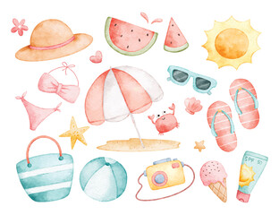 Watercolor Illustration Set of Summer Holiday Elements