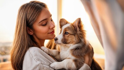 Gentle Bonding Moment between a Young Woman and Cute Puppy Amidst a Warm Autumn Afternoon in a Cozy Living Room, Illuminating Heartwarming Emotions and the Perfect Harmony of Mans Best Friend.