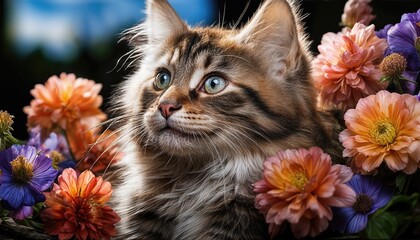 Fluffy White Cat Amongst Blooming Purple Flowers in a Tranquil Forest Clearing at Twilight, Capturing the Serene Beauty of Natures Palette