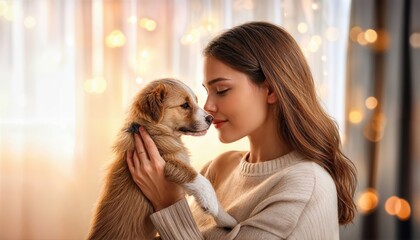 Endearing Bond between Young Woman and Cute Puppy Heartwarming Moment at Dusk in a Cozy Living Room, Captured for Pet Lovers and Animal Companions