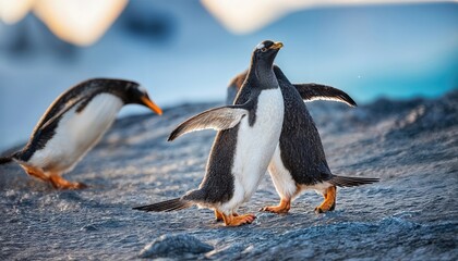 Gentoo Penguins in Antarctica A Chilly Encounter Amidst Crystal Icebergs and Bold Blue Horizon at Dusk
