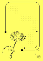 Minimalist Floral Frame Invitation or Greeting Card Template with Hand Holding Flower on Yellow Background