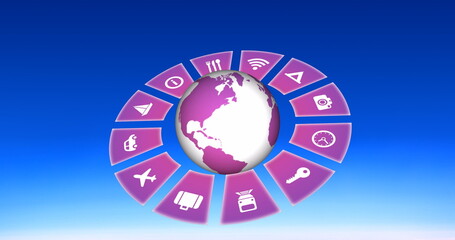 Image of travel icons with globe on sky background