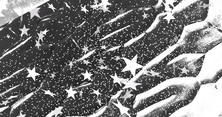 Naklejka premium Image of white stars with white organic forms and particles moving on black background