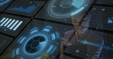 Image of data processing over caucasian female worker in server room