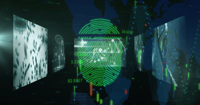 Image of fingerprint over data processing and digital screens - Powered by Adobe