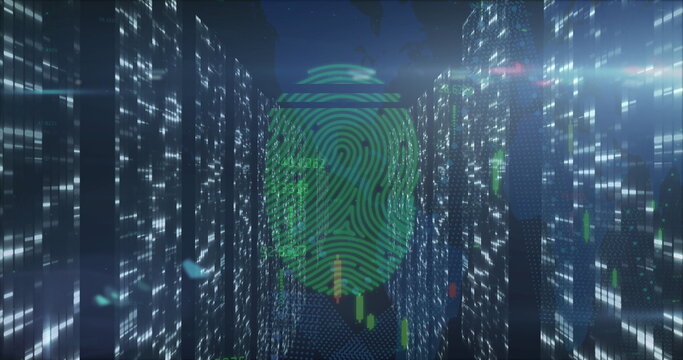 Image of fingerprint over data processing and light spots - Powered by Adobe
