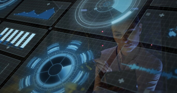 Image of data processing over caucasian female worker in server room